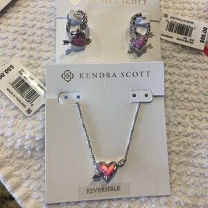 NWT Kendra Scott silver Ari heart with arrows Huggie earrings and necklace set